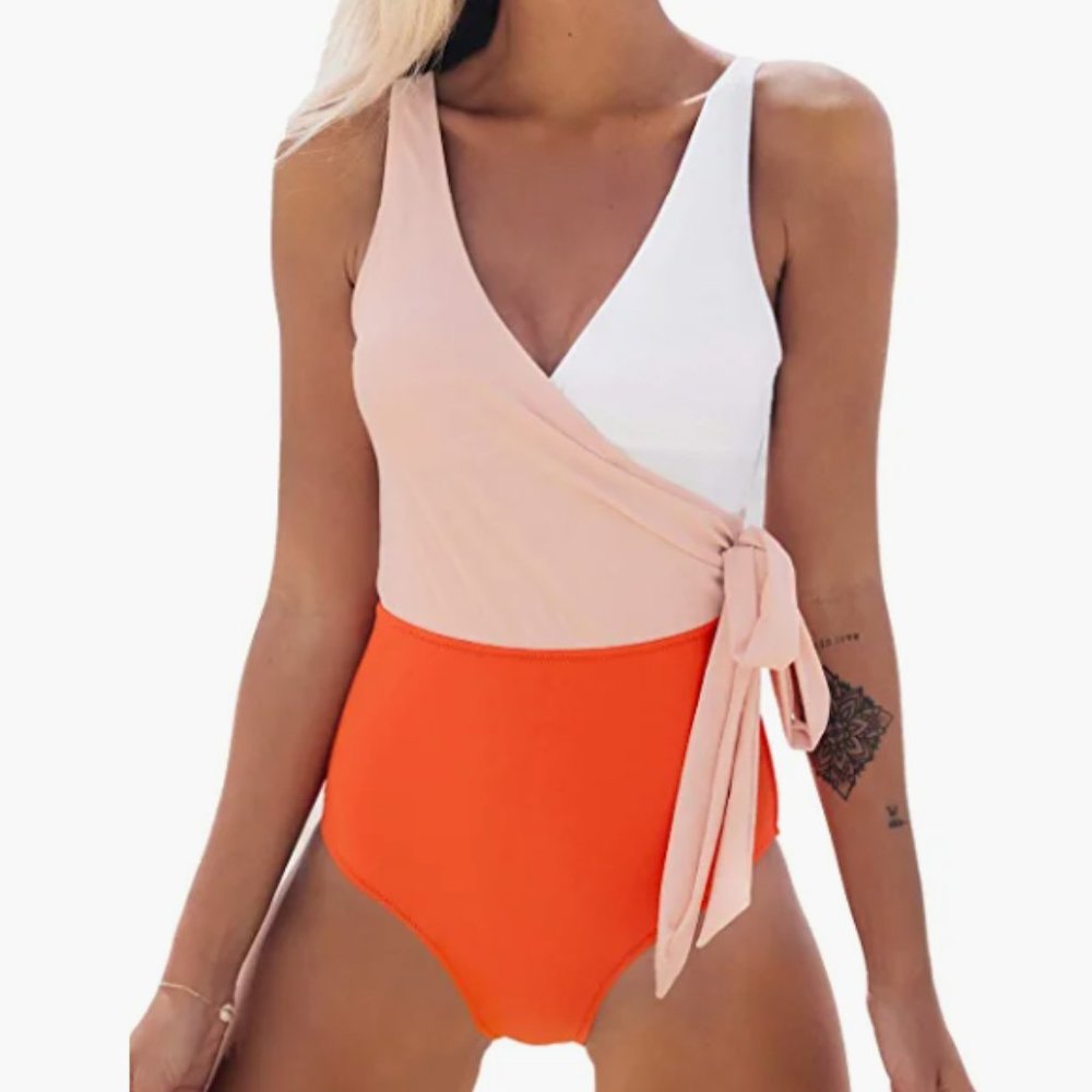 Orange And White Bowknot One-piece Swimsuit